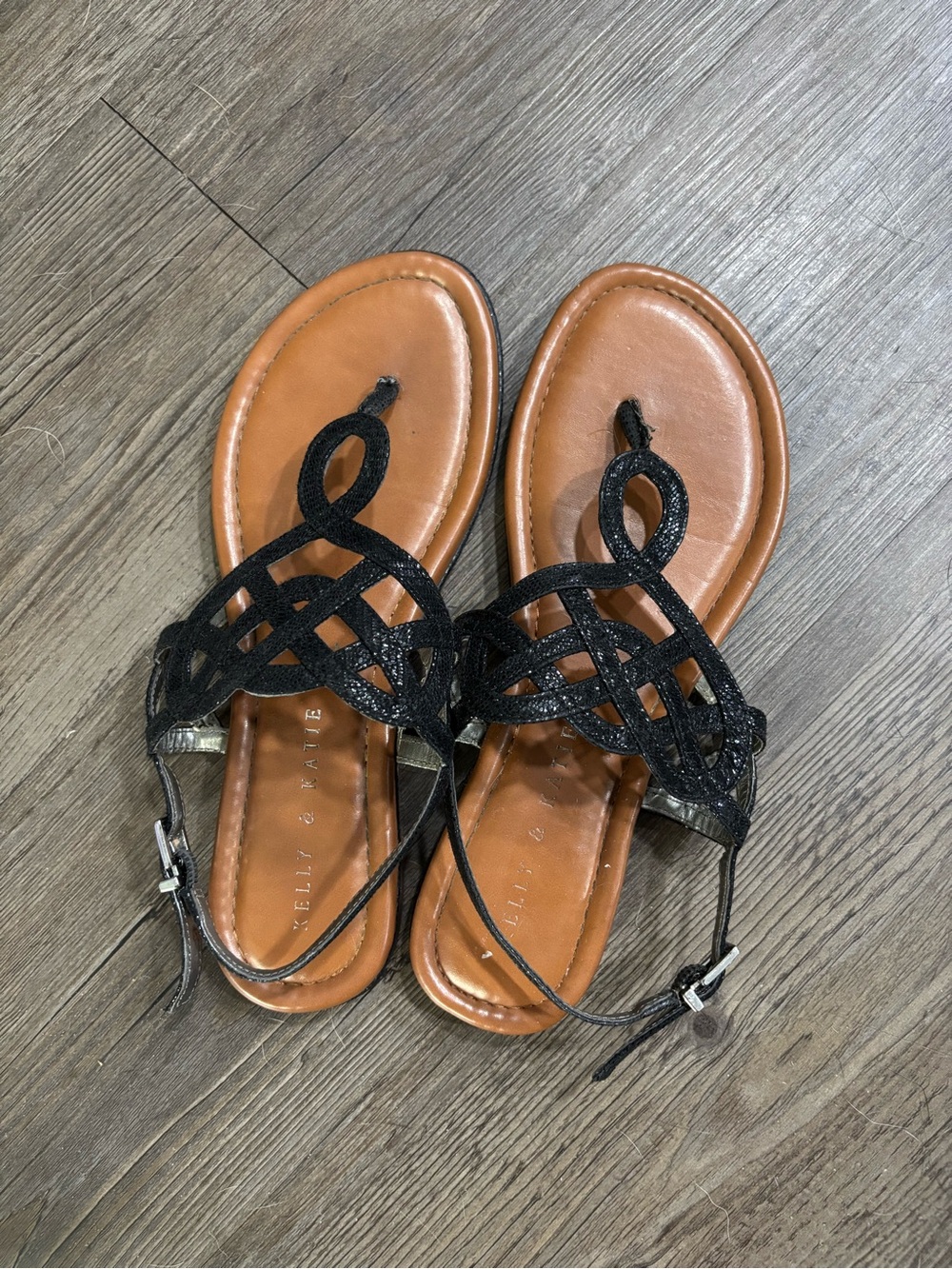 Kelly & Katie Black Braided Strap Toe-Ring Sandal with Tan Footbed